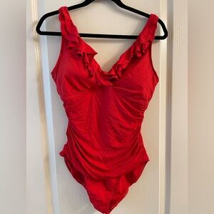 Ralph Lauren Red Ruffled Womens One Piece Swimsuit